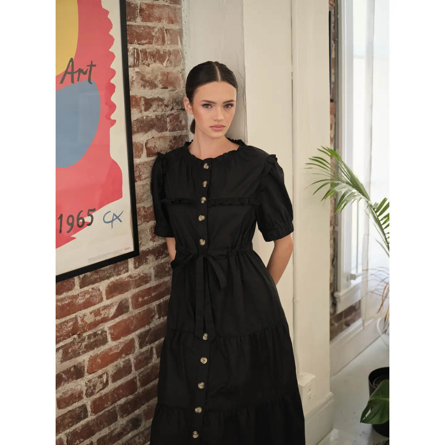 Poplin Ruffle Button Down Dress - Black