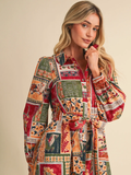 Patchwork Prt Embellished Button Dwn Belted Midi Dress