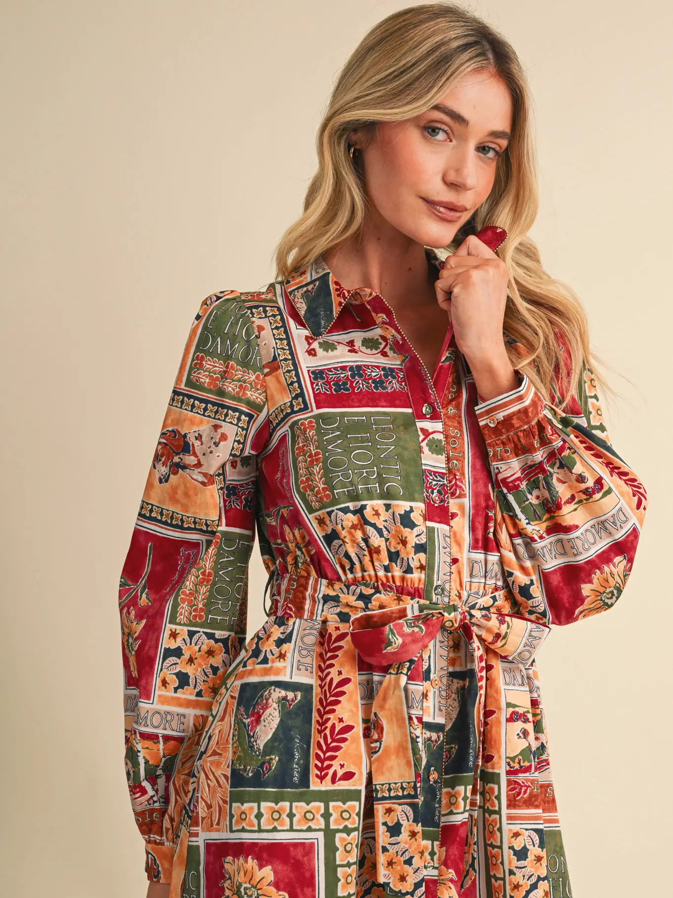Patchwork Prt Embellished Button Dwn Belted Midi Dress