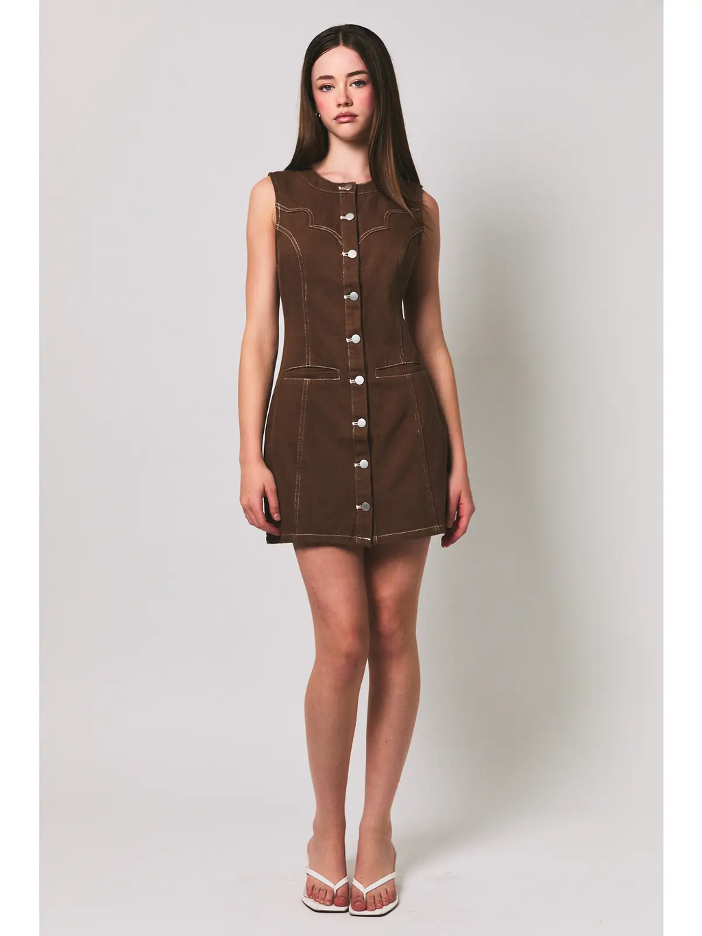 Stitch Detail Sleeveless Button Down Dress - BROWN