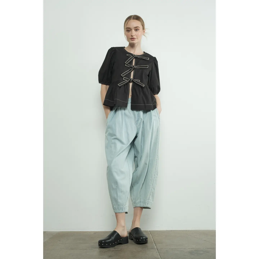 Embroidered Bow Tie Peplum Blouse - Black