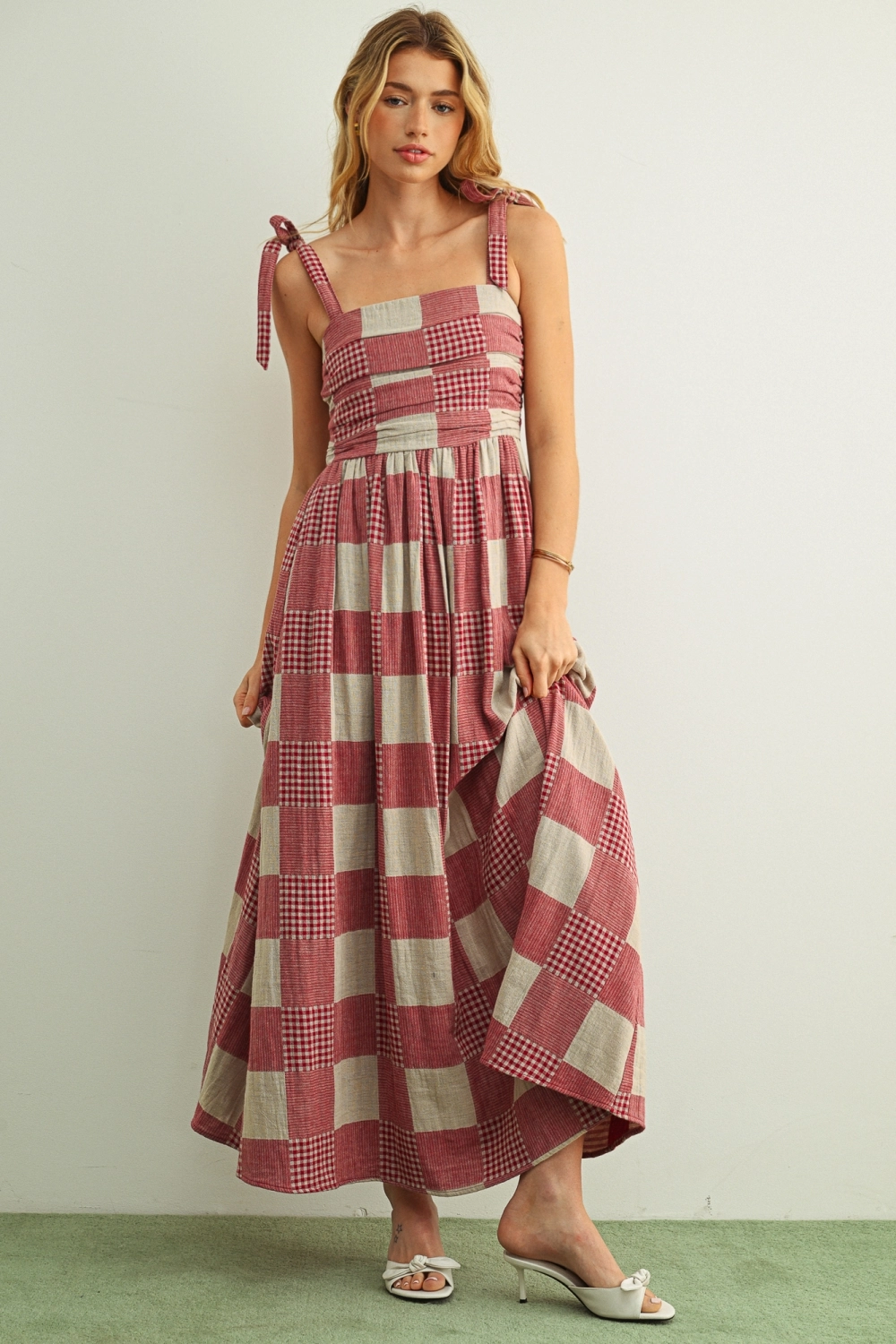 Gingham and Stripe Patch Effect Dress - Red