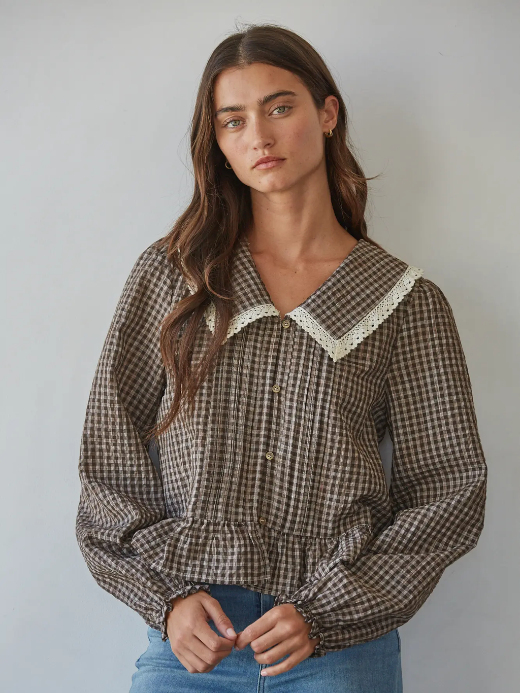 Woven Polyester Cotton Gingham Print Peplum Top