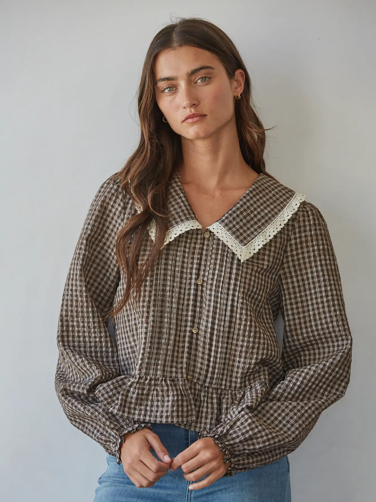 Woven Polyester Cotton Gingham Print Peplum Top
