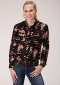 WOMENS L/S SHIRT   PRINTED RELATED SEPERATE  1276 RETRO RODEO PRINT WESTERN SHIRT