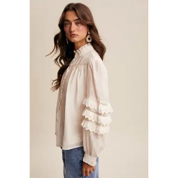 Lace Ruffle Sleeve Pintuck Blous - CREAM