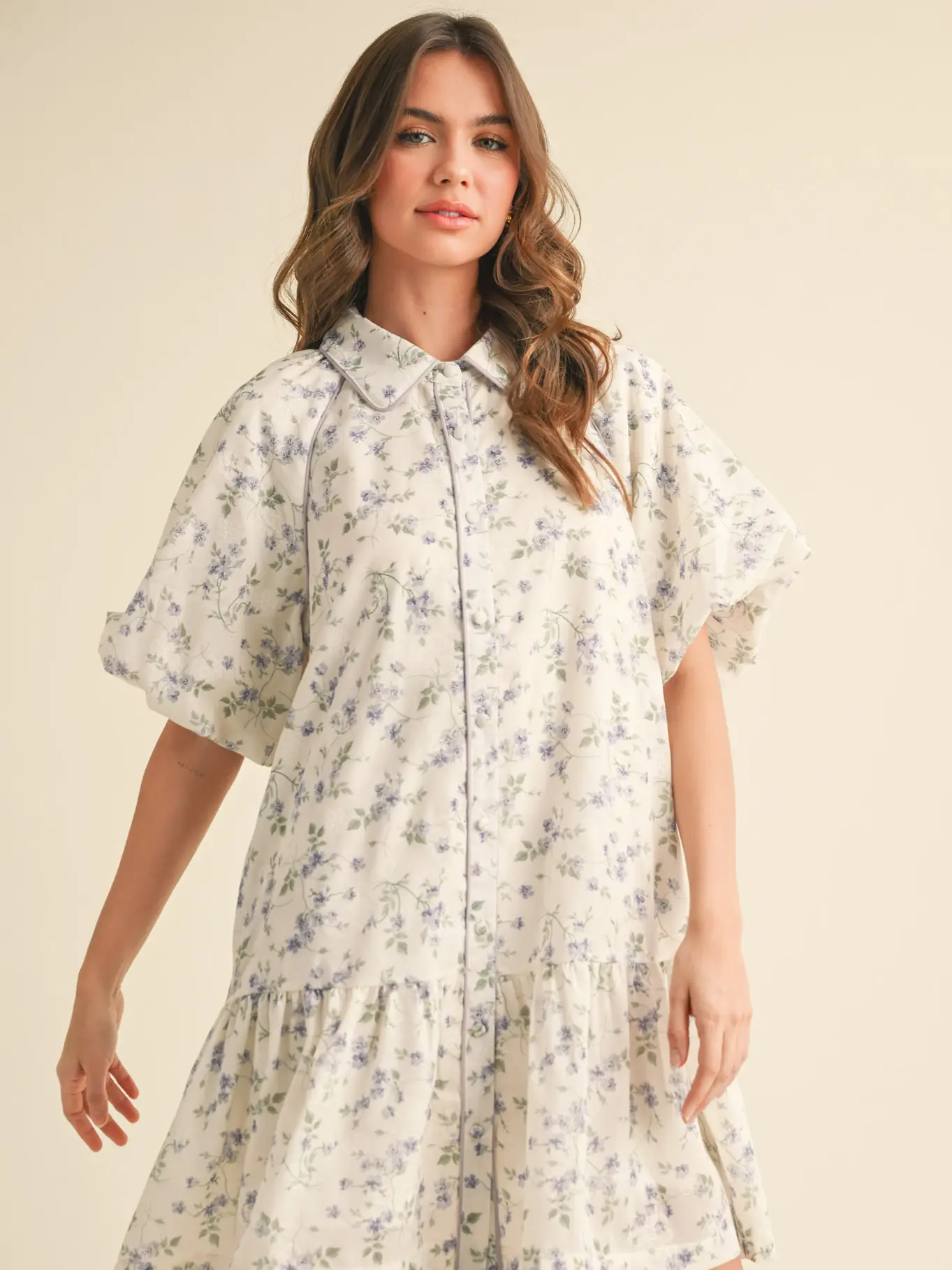 Bubble Sleeve Button Down Floral Mini Dress - GOLDEN YELLOW FLORAL
