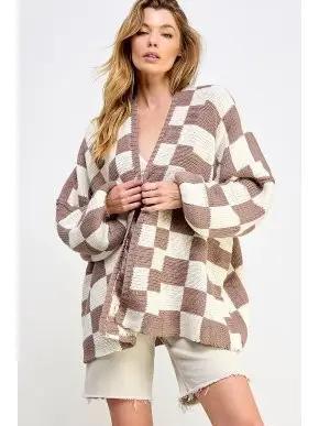 Check Dropped Shoulders Cardigan - White & Mink