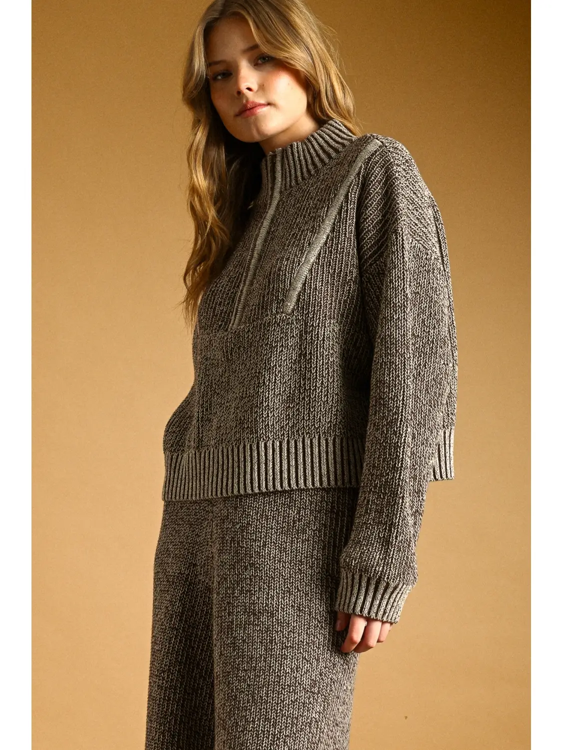 Two Tone Half Zip Sweater Knit Top