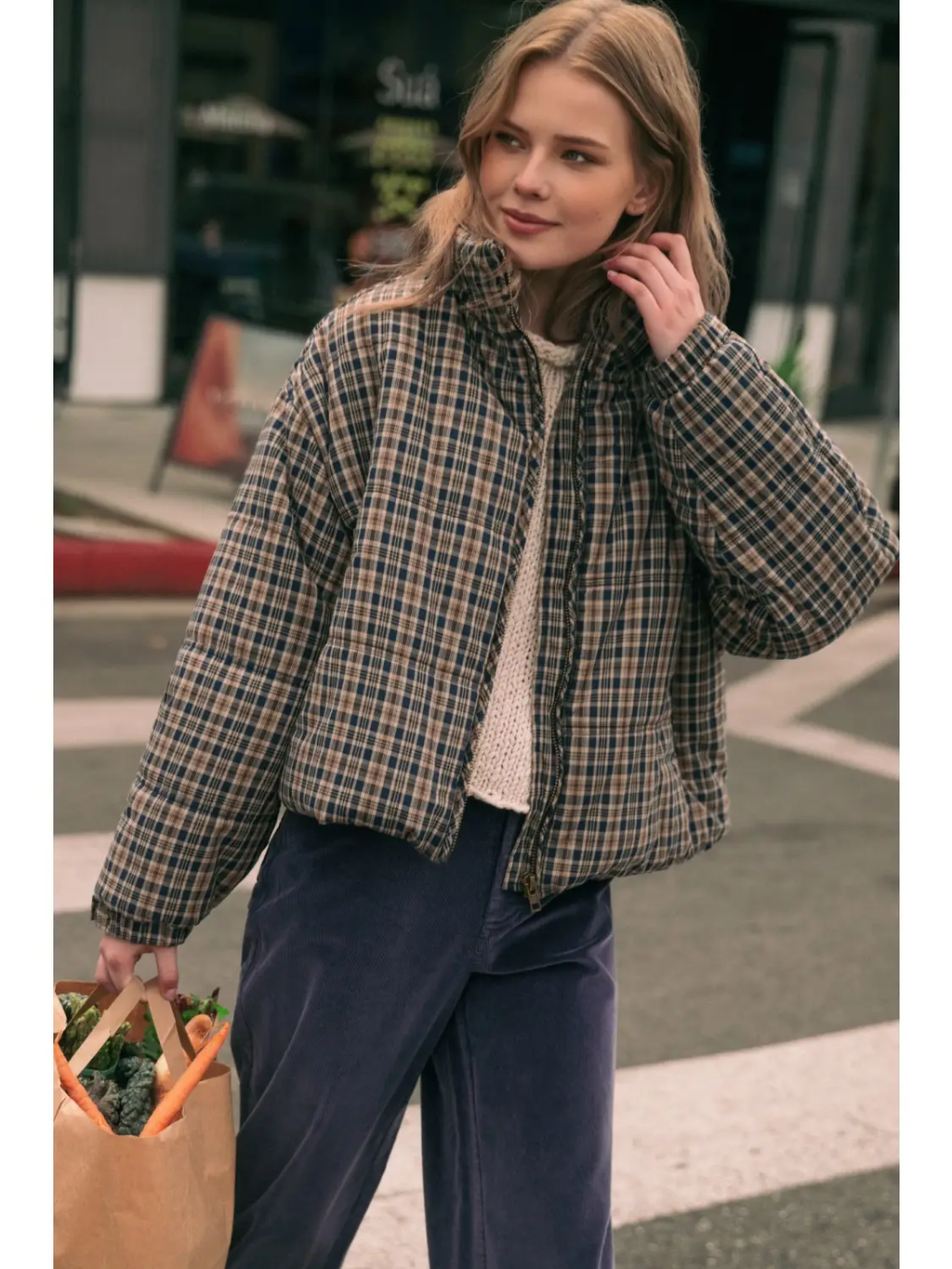 Plaid High-Neck Cropped Puffer Jacket
