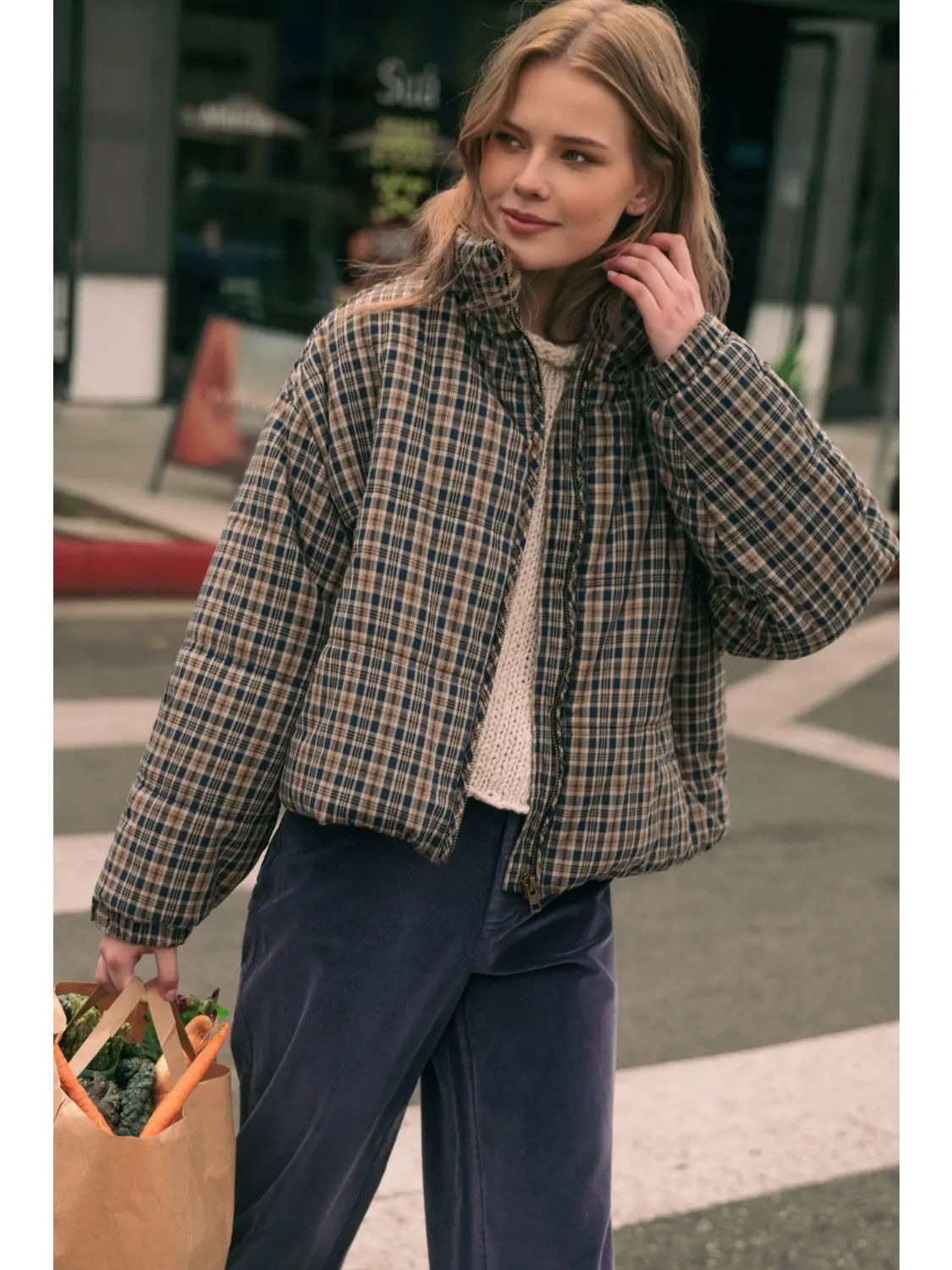 Plaid High-Neck Cropped Puffer Jacket