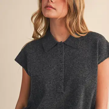 Cap Sleeve Collared Sweater Vest - BLACK