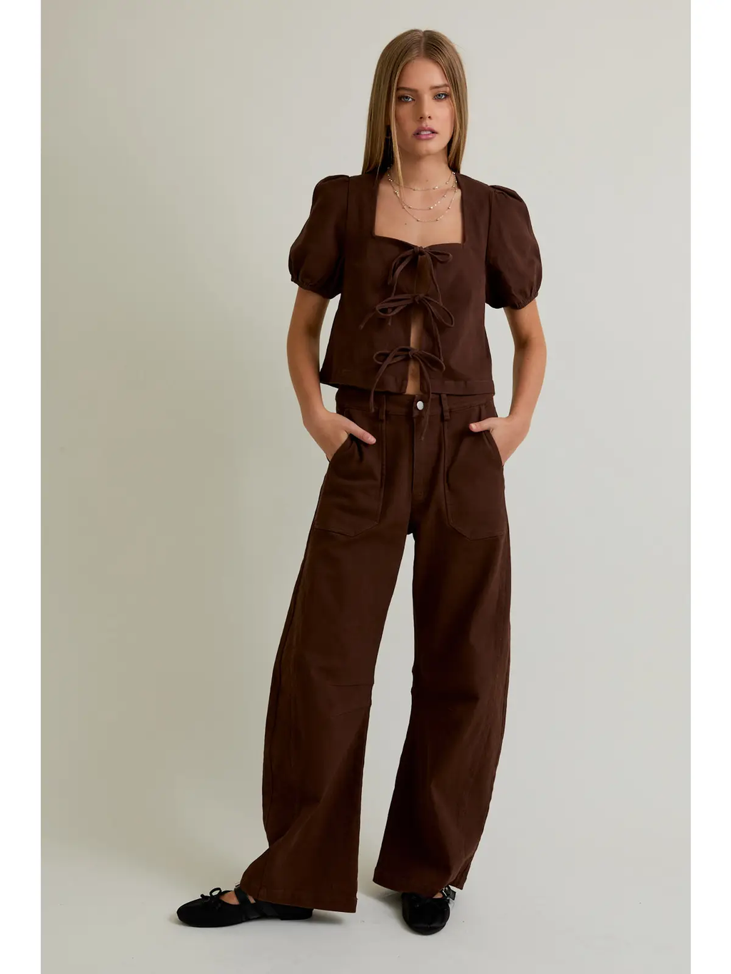Short Sleeve Square Neck Tie Front Open Top