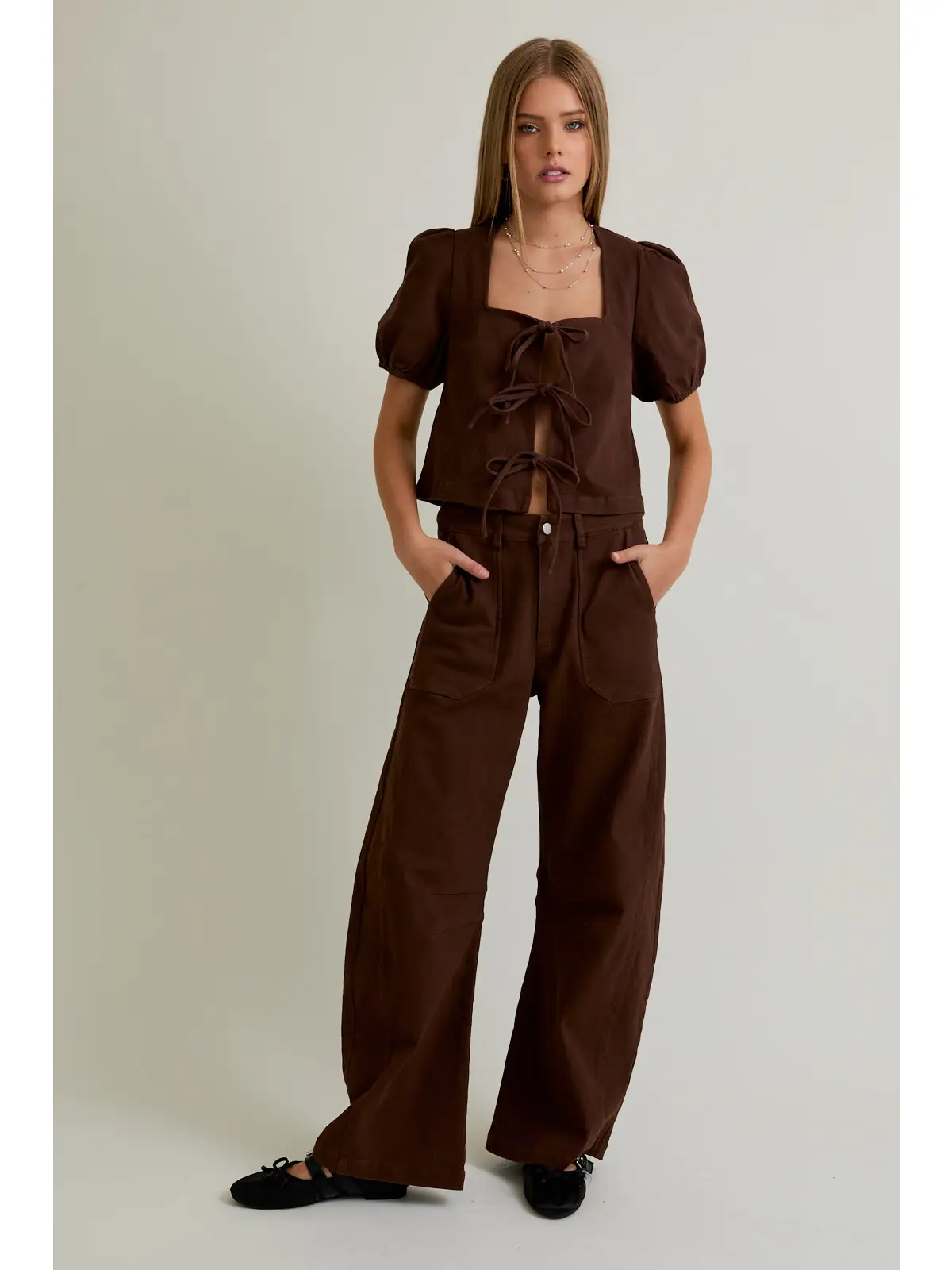 Short Sleeve Square Neck Tie Front Open Top