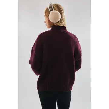 High Neck Oversized Sweater Top - WINE-IVORY