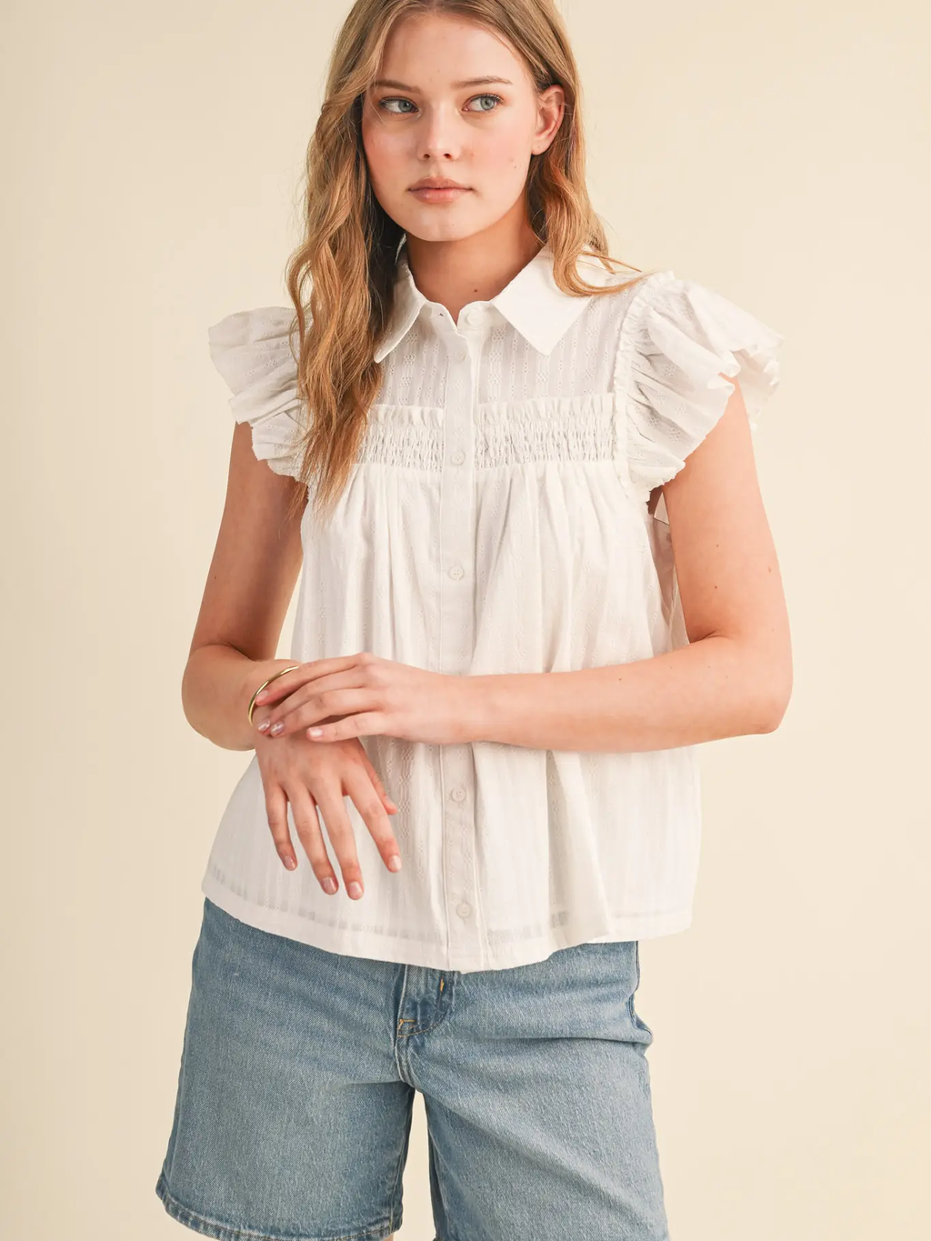 Ruffle Trim Button Down Top - WHITE