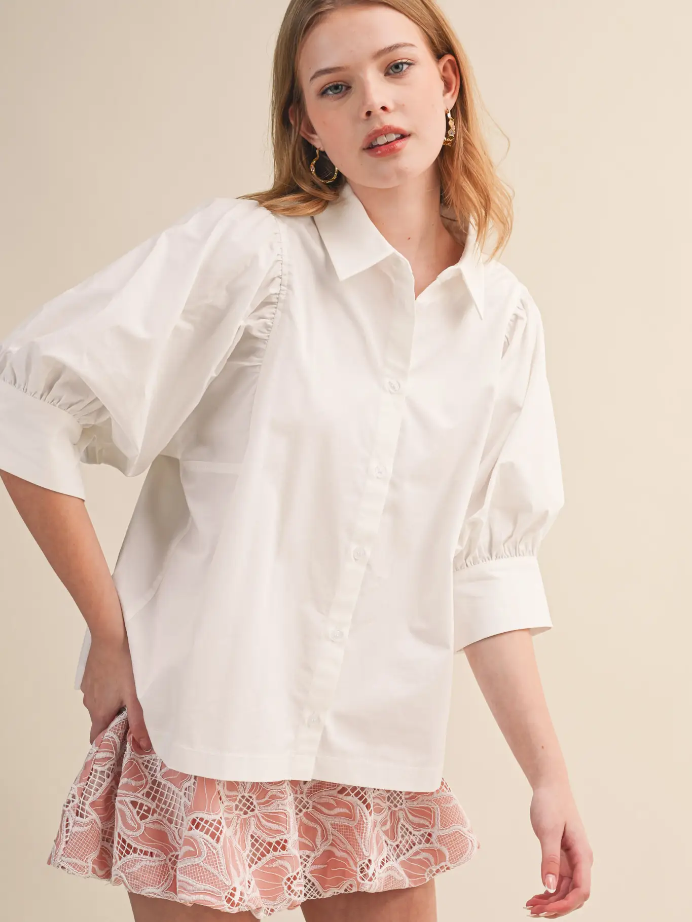 Puff Sleeve Button Down Top - WHITE