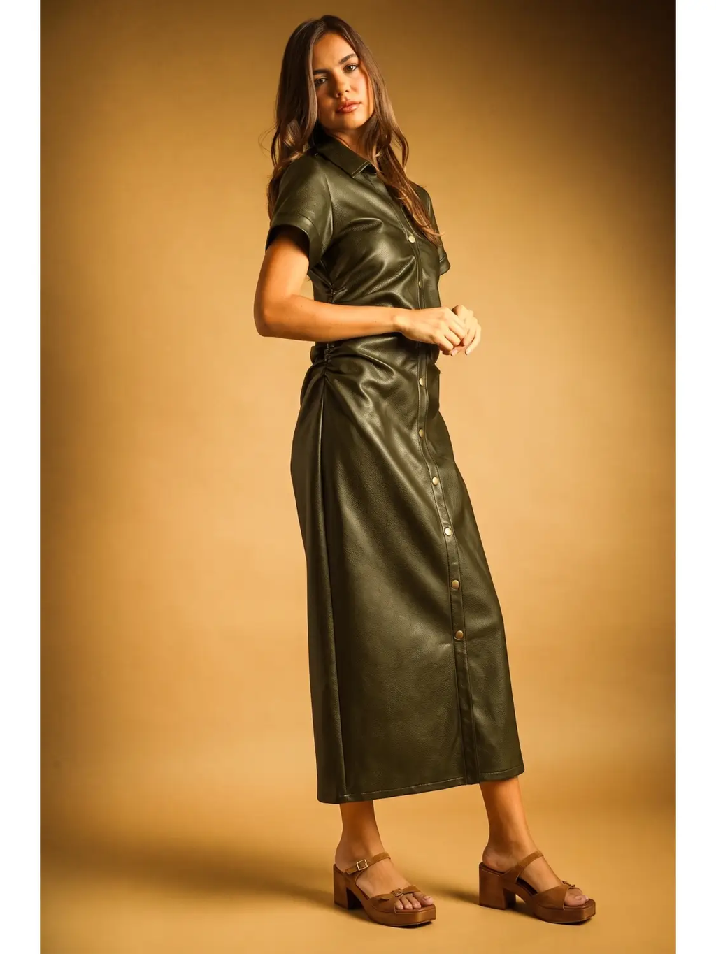 Faux Leather Buttondown Short Sleeve Dress - OLIVE