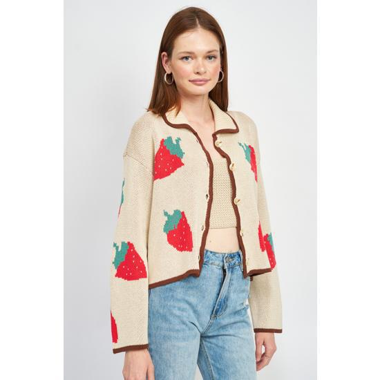 STRAWBERRY PRINT CONTRASTED CARDIGAN