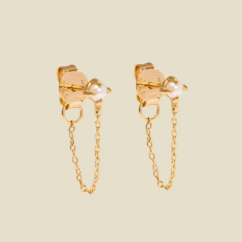 Made By Mary Pearl Chain Huggie Studs - Gold