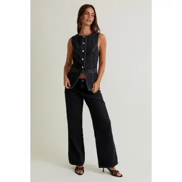 Button Front Sleeveless Denim Top - Washed Black