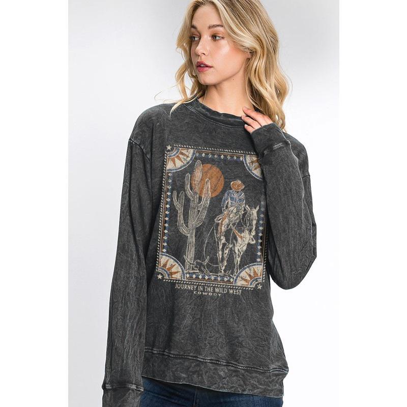 WESTERN COWBOY WASHED LONG SLEEVE SWEATSHIRT TOP - BLACK