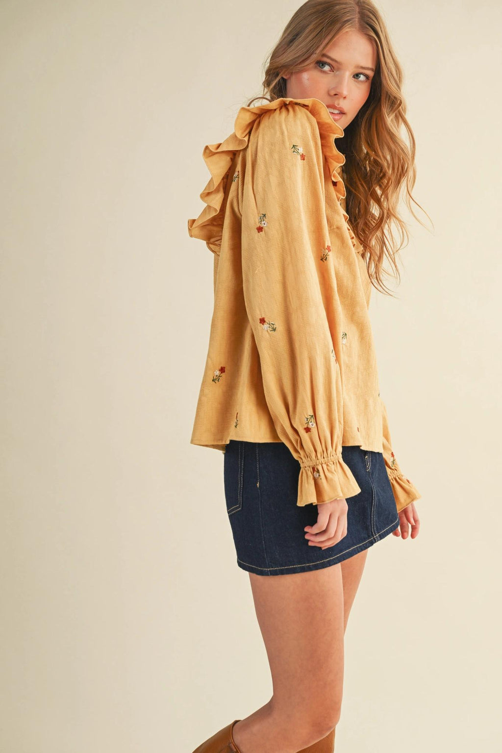 Ruffled Smocked Yoke Embroidered Blouse