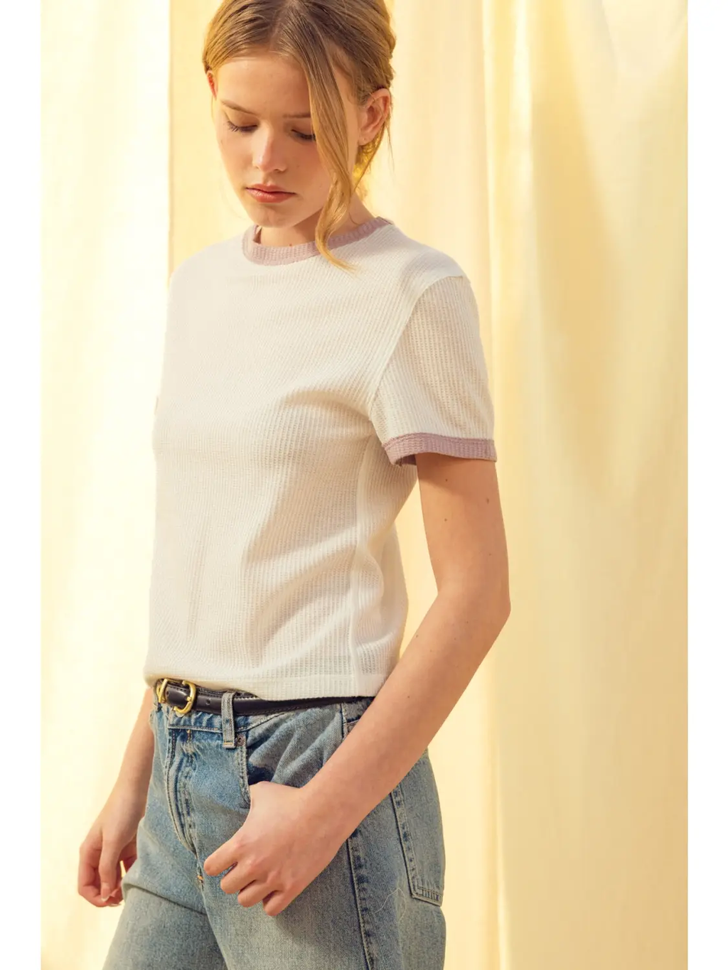 Color Combo Waffle Fabric Top - WHITE/LILAC