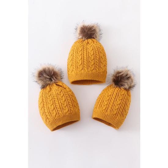MUSTARD CABLE KNIT POM POM BEANIE