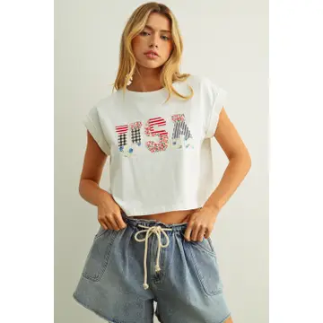 USA Floral Patchwork Front T Shirts