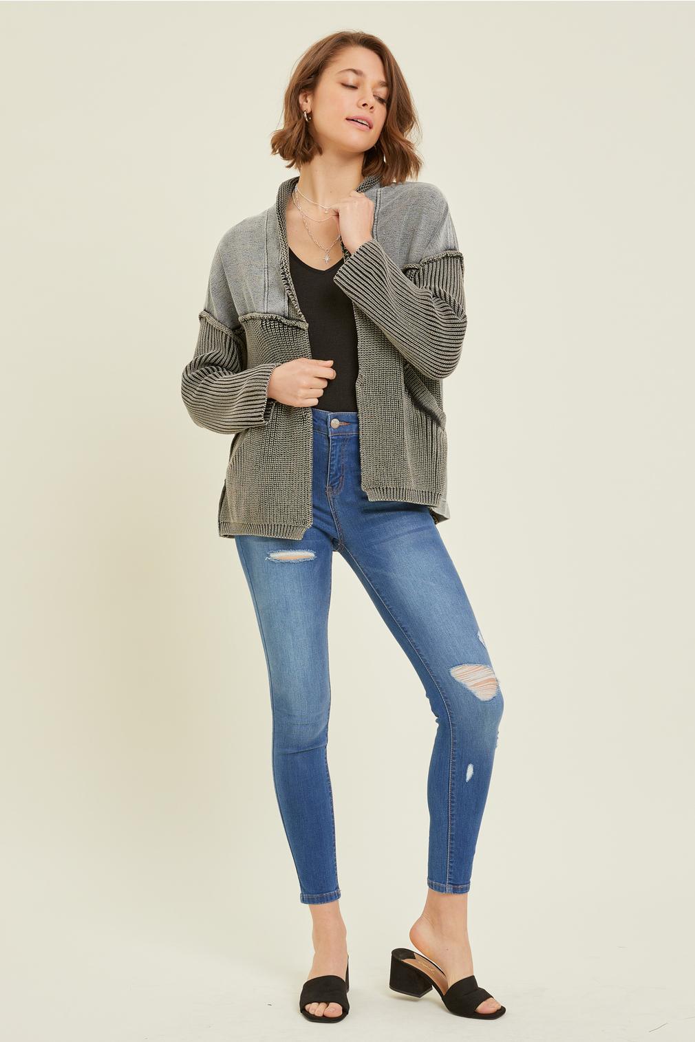 WESTERN WASHED TERRY CARDIGAN WITH CABLE KNIT SWEATER WASHED RUST - BLACK