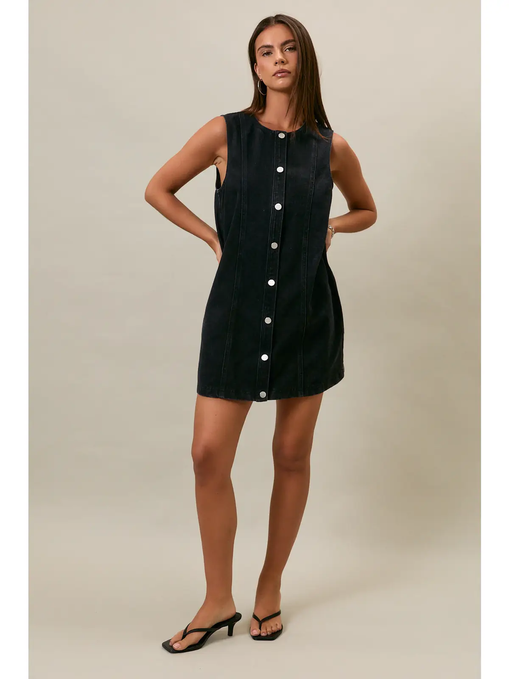 Sleeveless Round Neck Button Down Denim Mini Dress