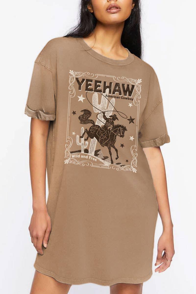 YEEHAW COWBOY GRAPHIC DRESS - MINERAL TAUPE
