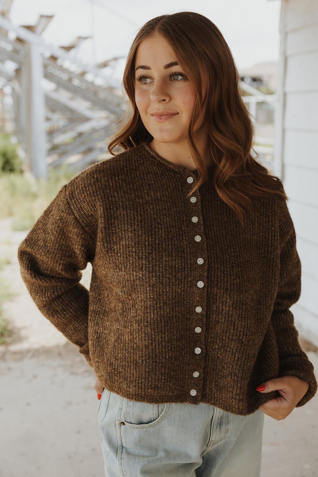 Button Front Ribbed Sweater Cardigan - BROWN