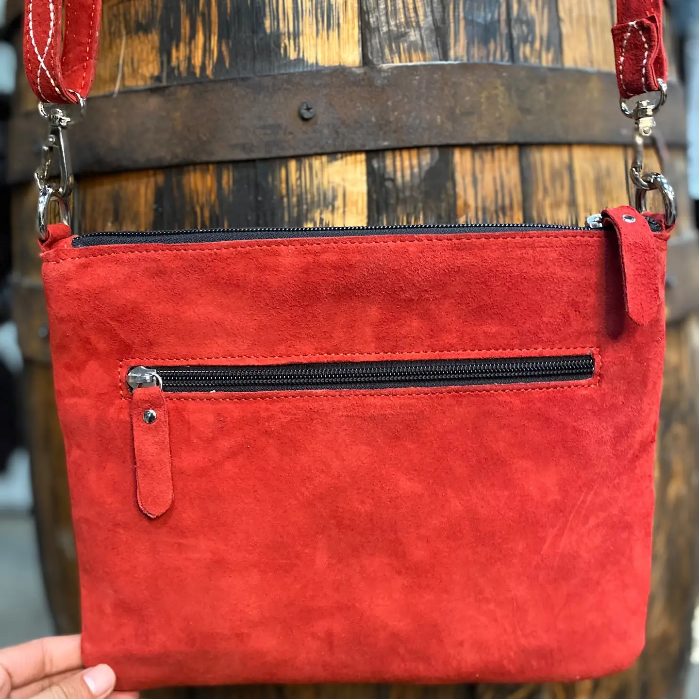 RED Suede Leather Bootstitch Crossbody