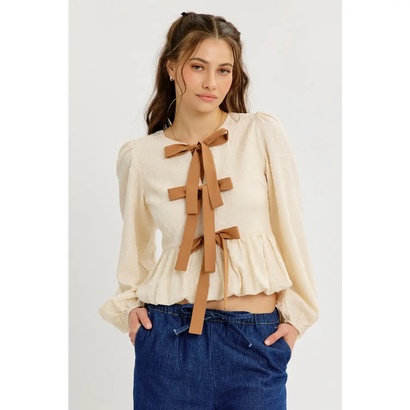 VANILLA Textured Bubble Hem Blouse Top with Bow Front Top