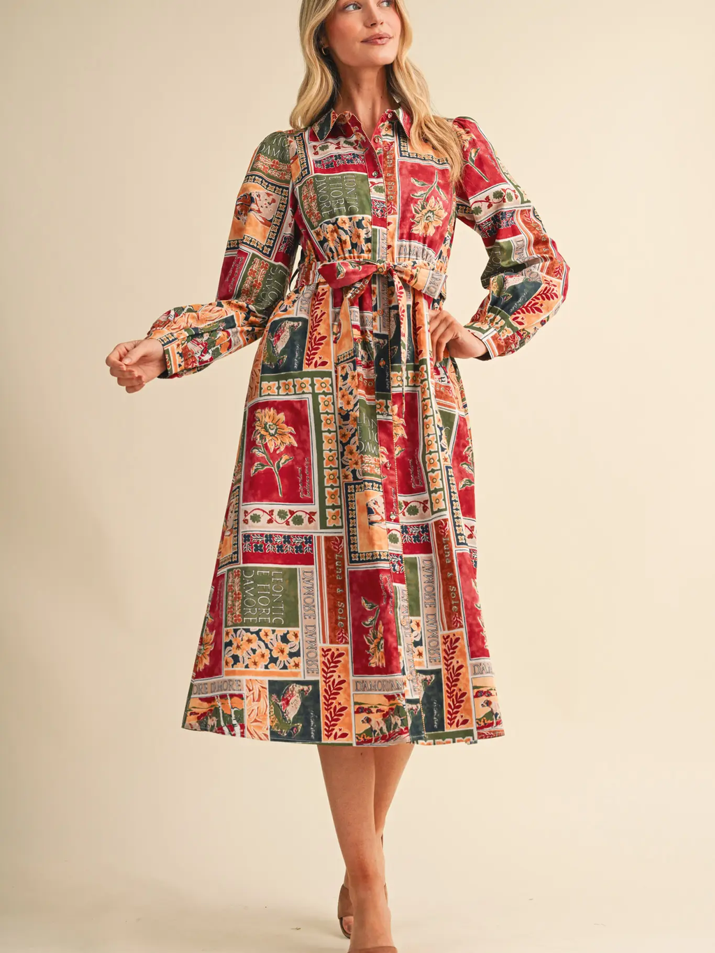 Patchwork Prt Embellished Button Dwn Belted Midi Dress
