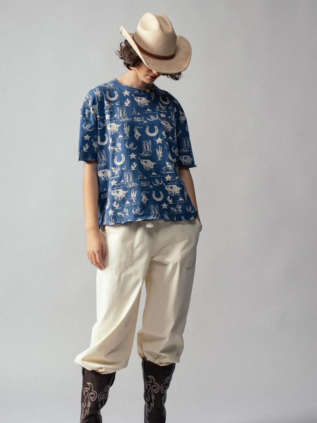 Western Graphic Print Relaxed Fit Tee - Blue