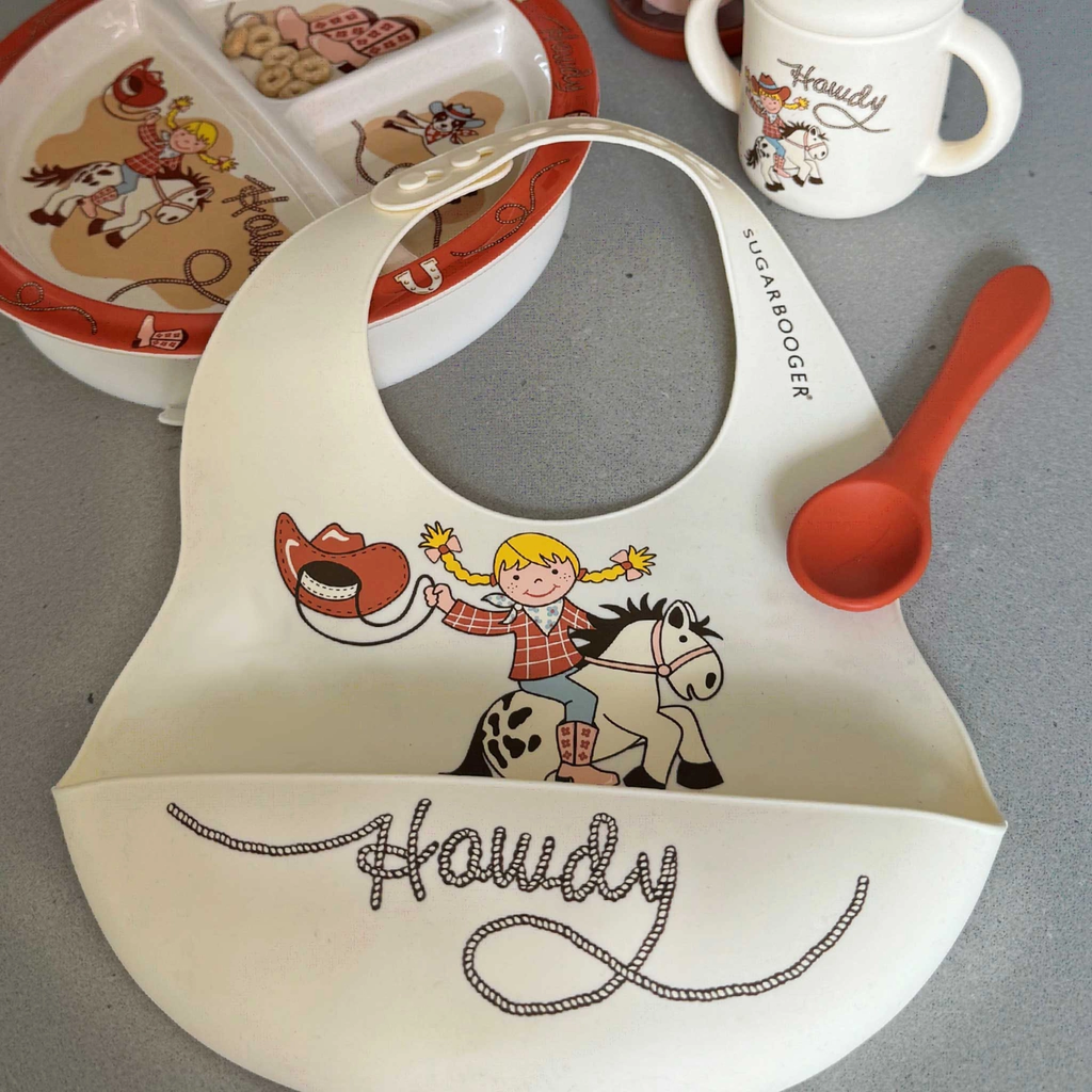 Fresh & Messy Silicone Bib & Spoon Set | Howdy Cowgirl