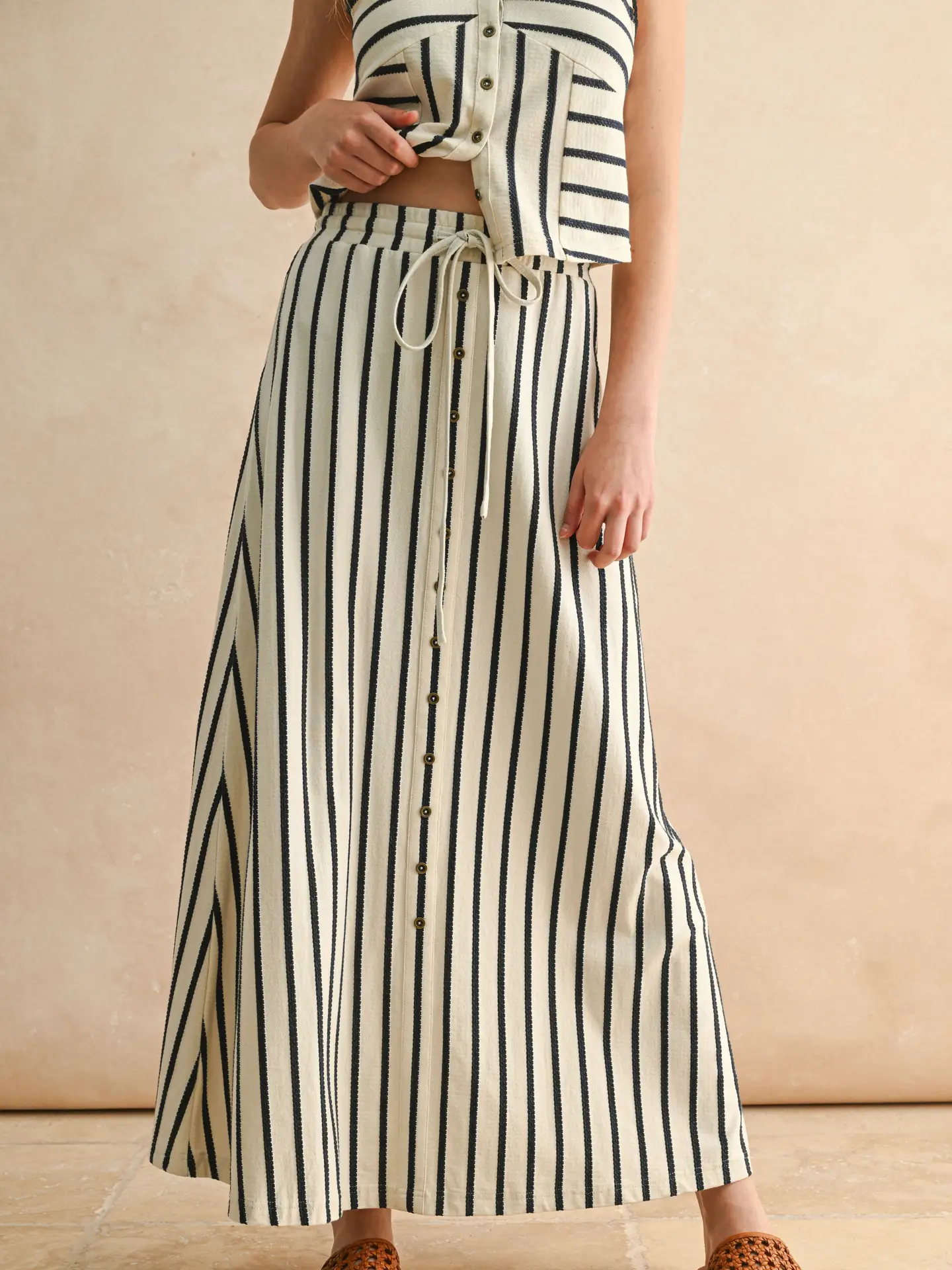 Button Front Striped Long Skirt - Cream/Navy