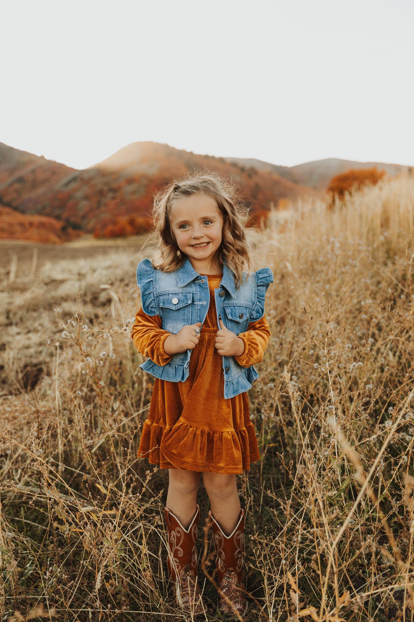 BROWN CORDUROY RUFFLE GIRL DRESS