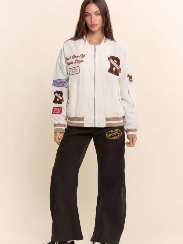 Western Varsity Patch Bomber Jacket - CREAM