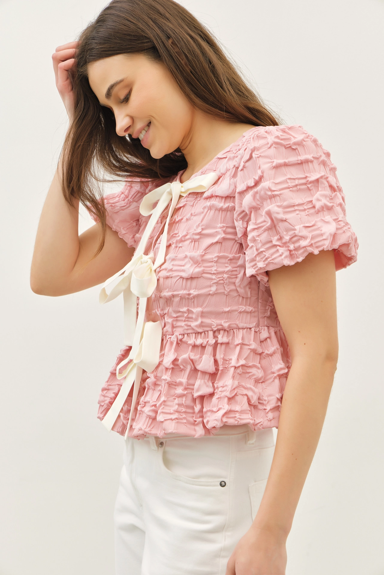 Ballerina Pink - Bubble Babydoll Blouse with Textured Fabric and Contrast Bow