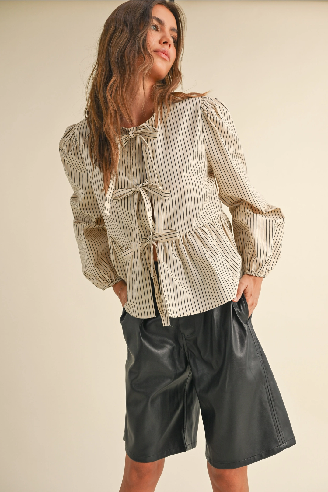 Striped Woven Blouse with Tie Front - Beige/Navy