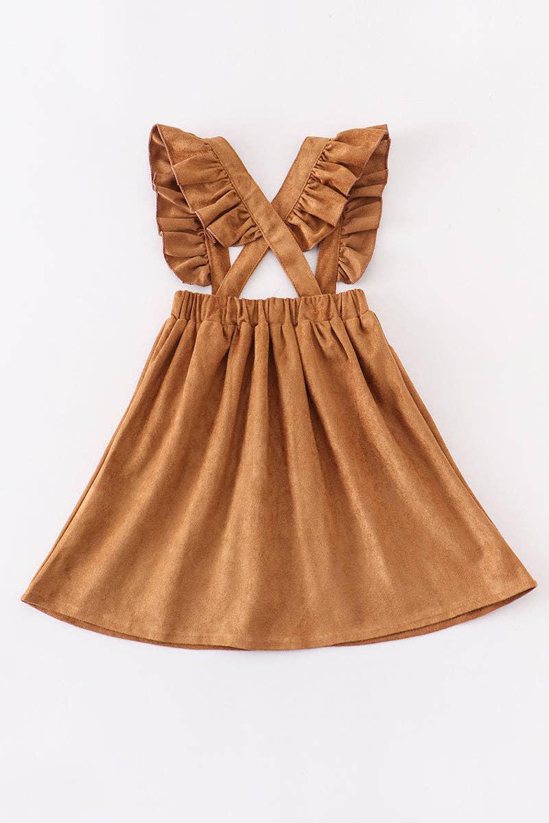 GIRLS KHAKI RUFFLE SUSPENDER DRESS