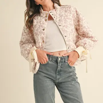 Floral Quilted Jacket with Ribbon Detail - IVORY PINK FLORAL