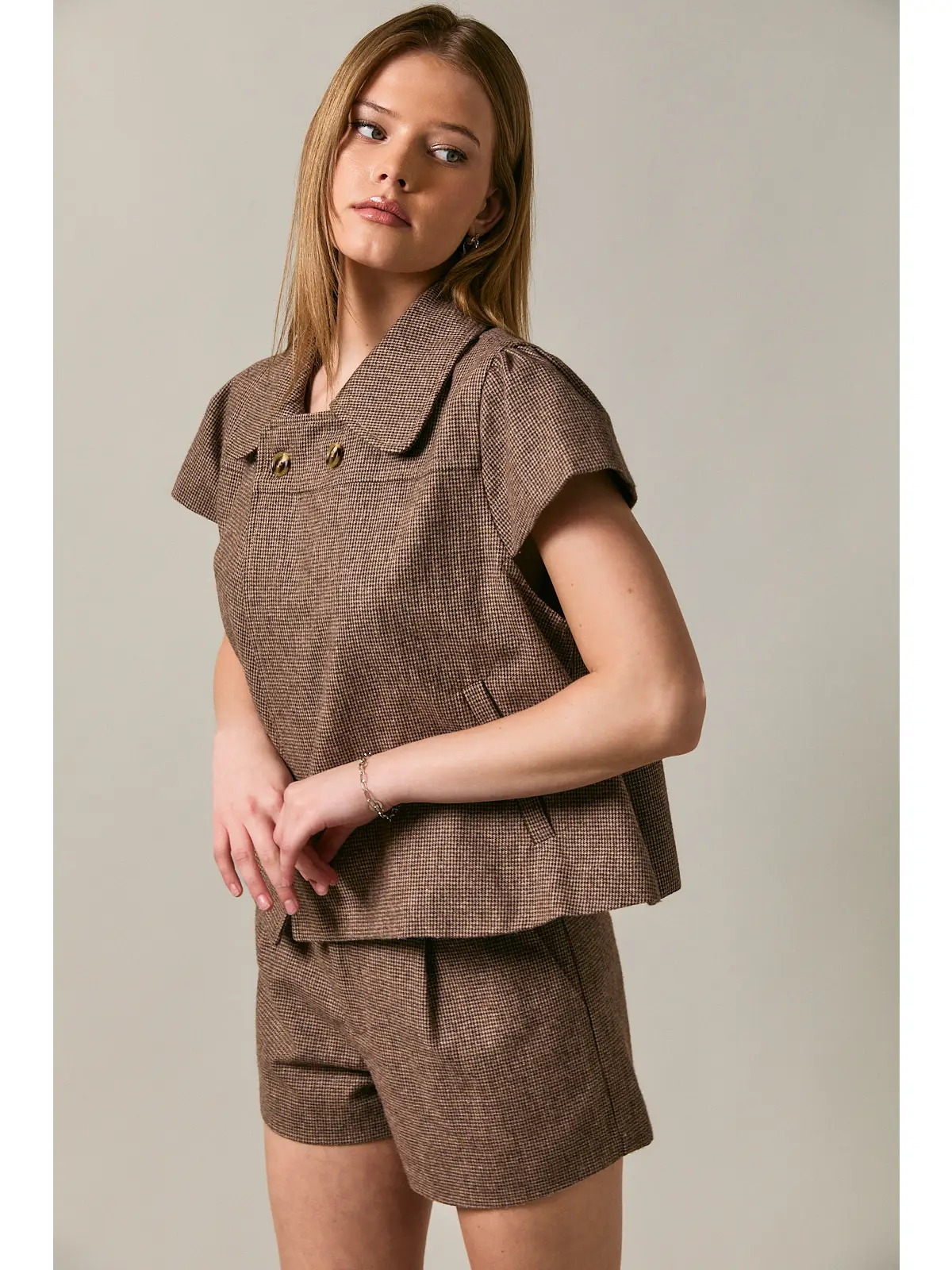 Peter Pan Collar Houndstooth Short Sleeve Top