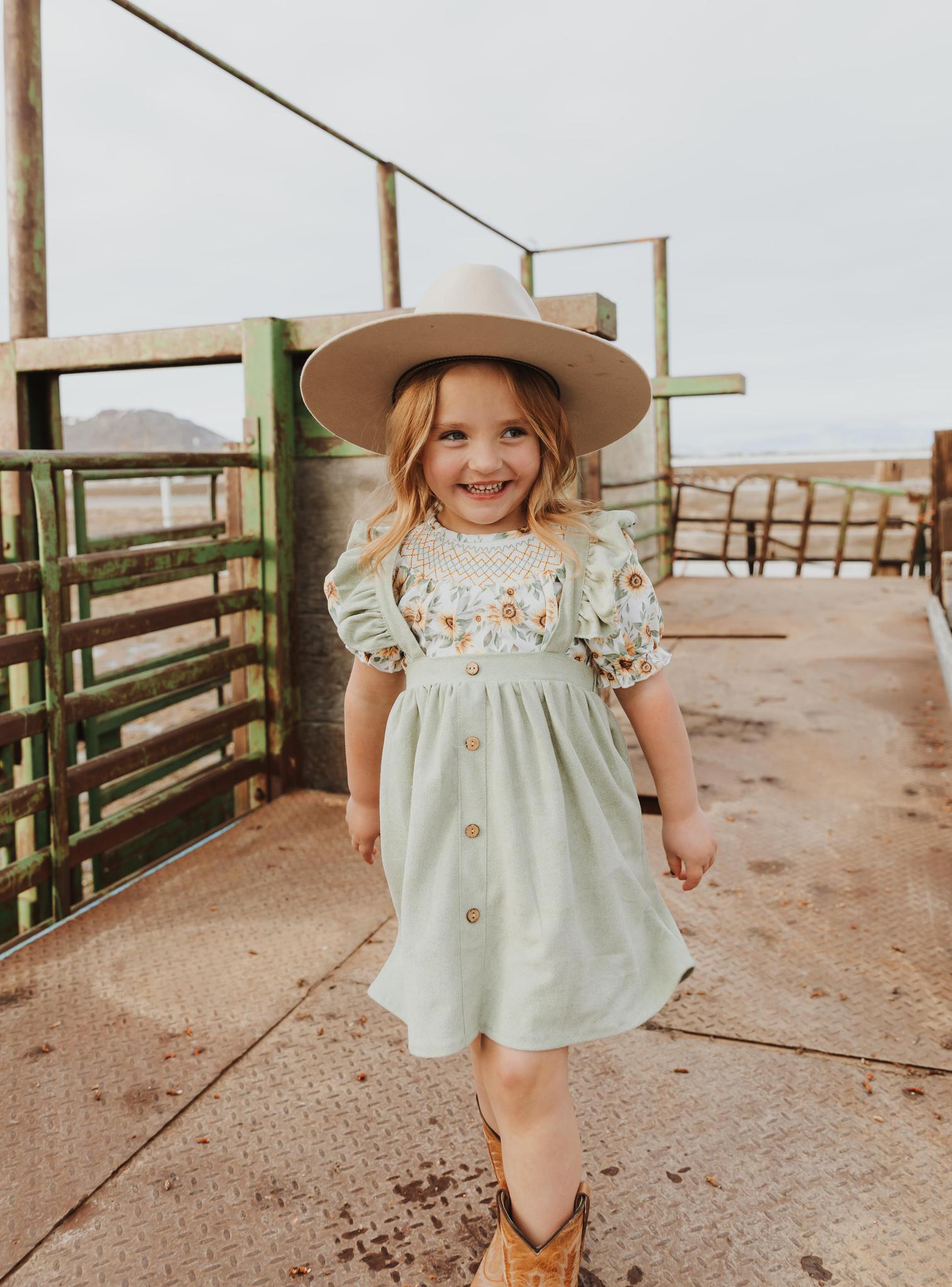 GIRLS SAGE RUFFLE SUSPENDER DRESS