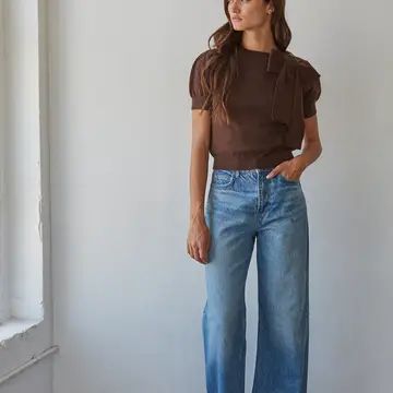 Knit Sweater Pullover with Shoulder Tie Bow Detail - BROWN