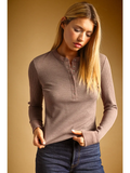 Half Snap Button Waffle Fabric Long Sleeve Top - CHOCOLATE